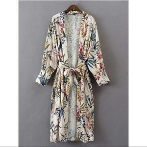 Floral Print Longline Kimono With Self Tie